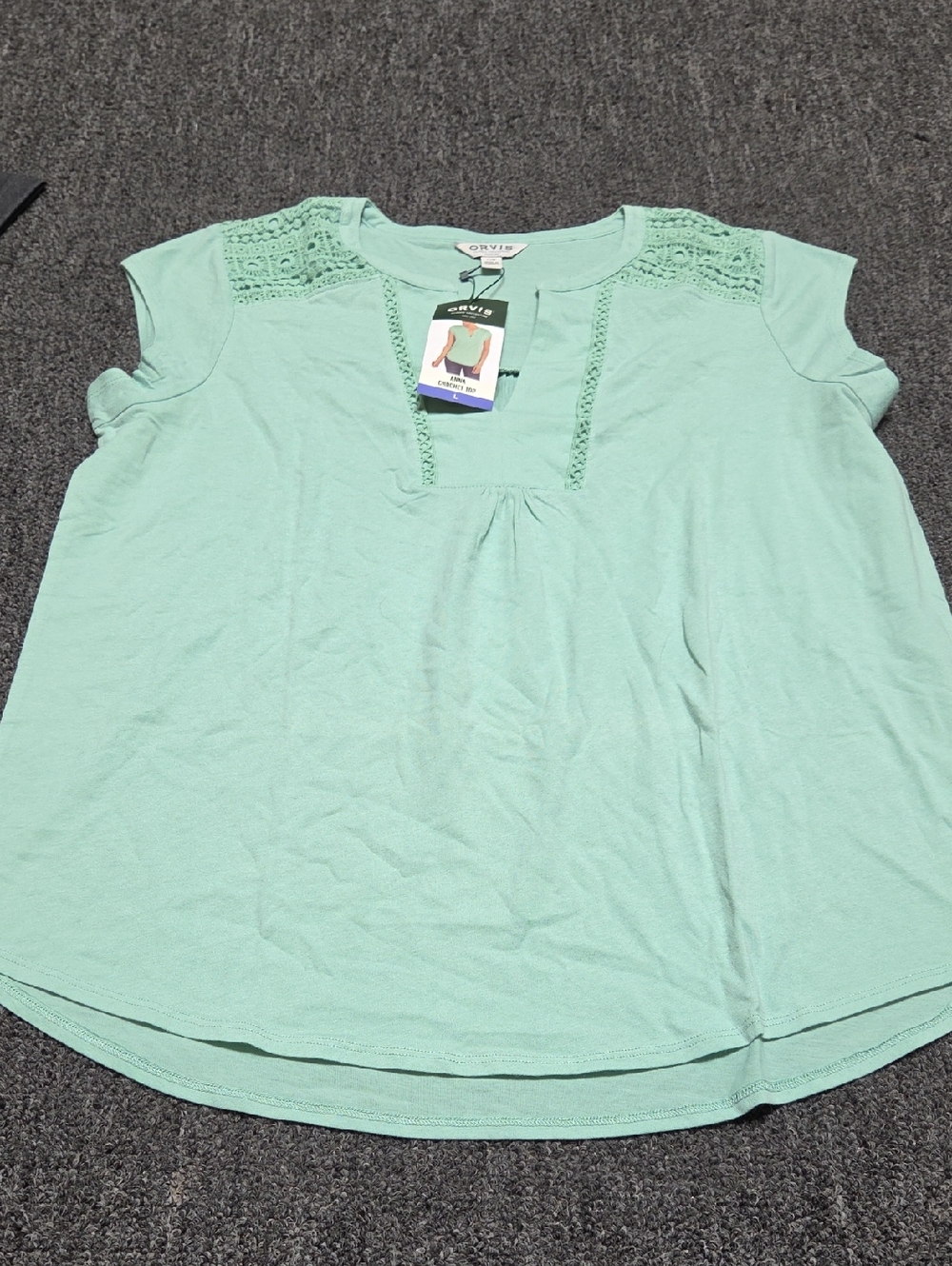 (#1) Orvis Mint Green Crochet-Yoke Short Sleeve Top